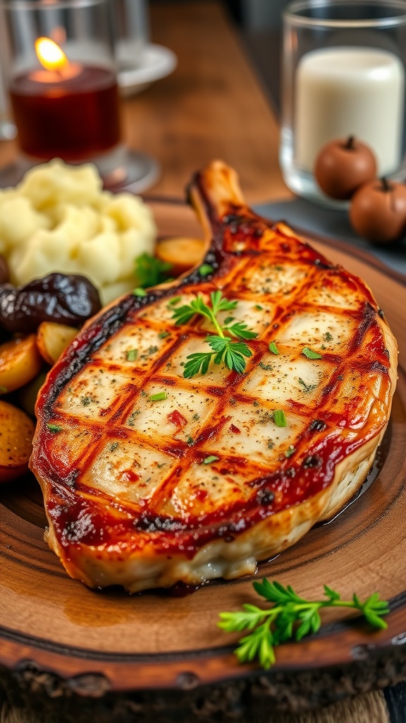 A golden-brown pork chop garnished with herbs on a rustic plate, served with roasted vegetables and mashed potatoes.